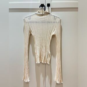 Sheer Rib-knit Mock Turtleneck Top